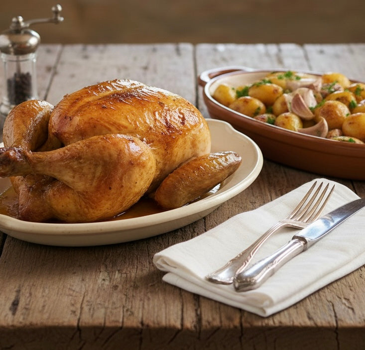 Poulet jaune (Label rouge) rôti aux herbes et ail en chemise confit